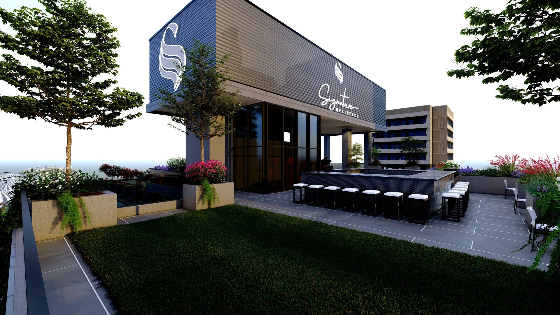 Rendering of the landscaped rooftop bar and gathering area at Signature Residence